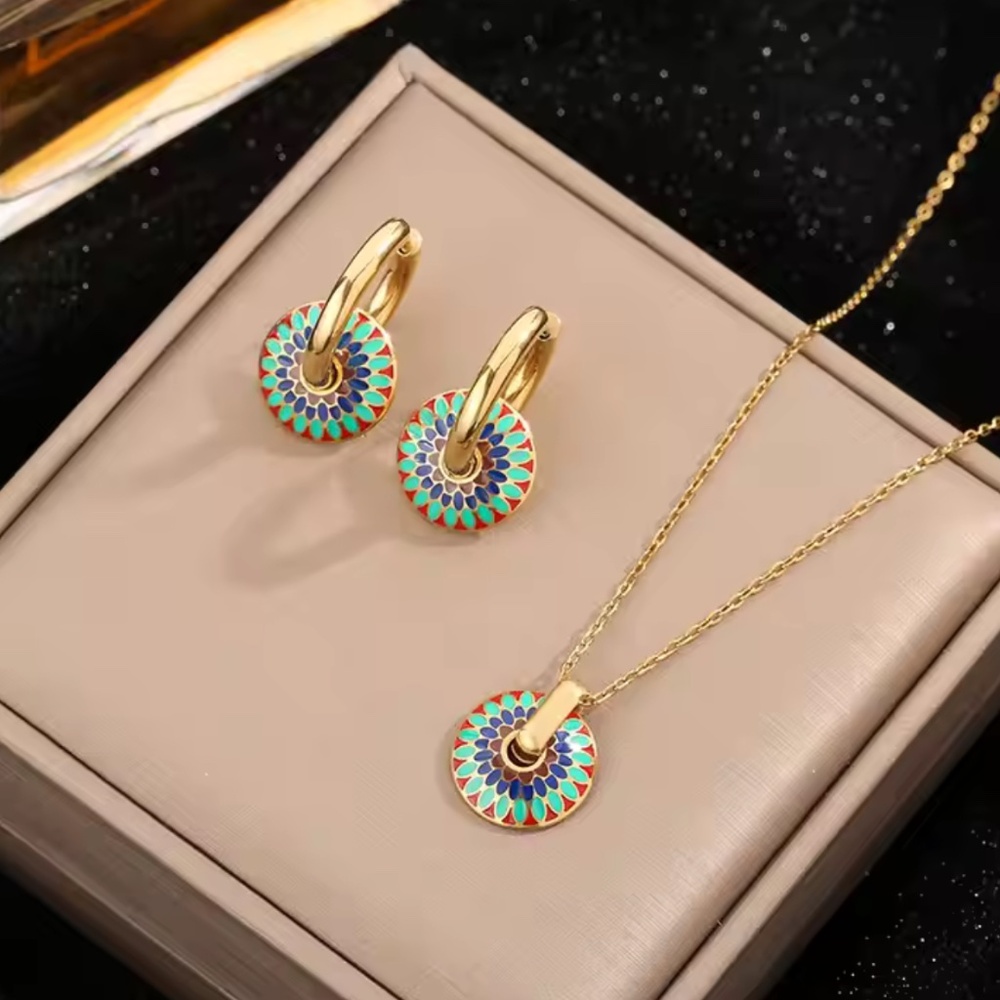 Gold Tone Enamel Mandala Necklace & Hoop Earrings Set , NEW